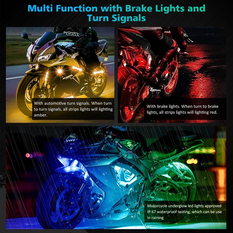 SUNPIE Motorcycle Underglow LED Light Kit 16PCS RGB LED Strip Lights with Brake&Turn Signal 12V Waterproof Bright 4 Zone Motorcycle Strips Lighting for Harley Kawasaki Suzuki Indian All Motor - Image 3